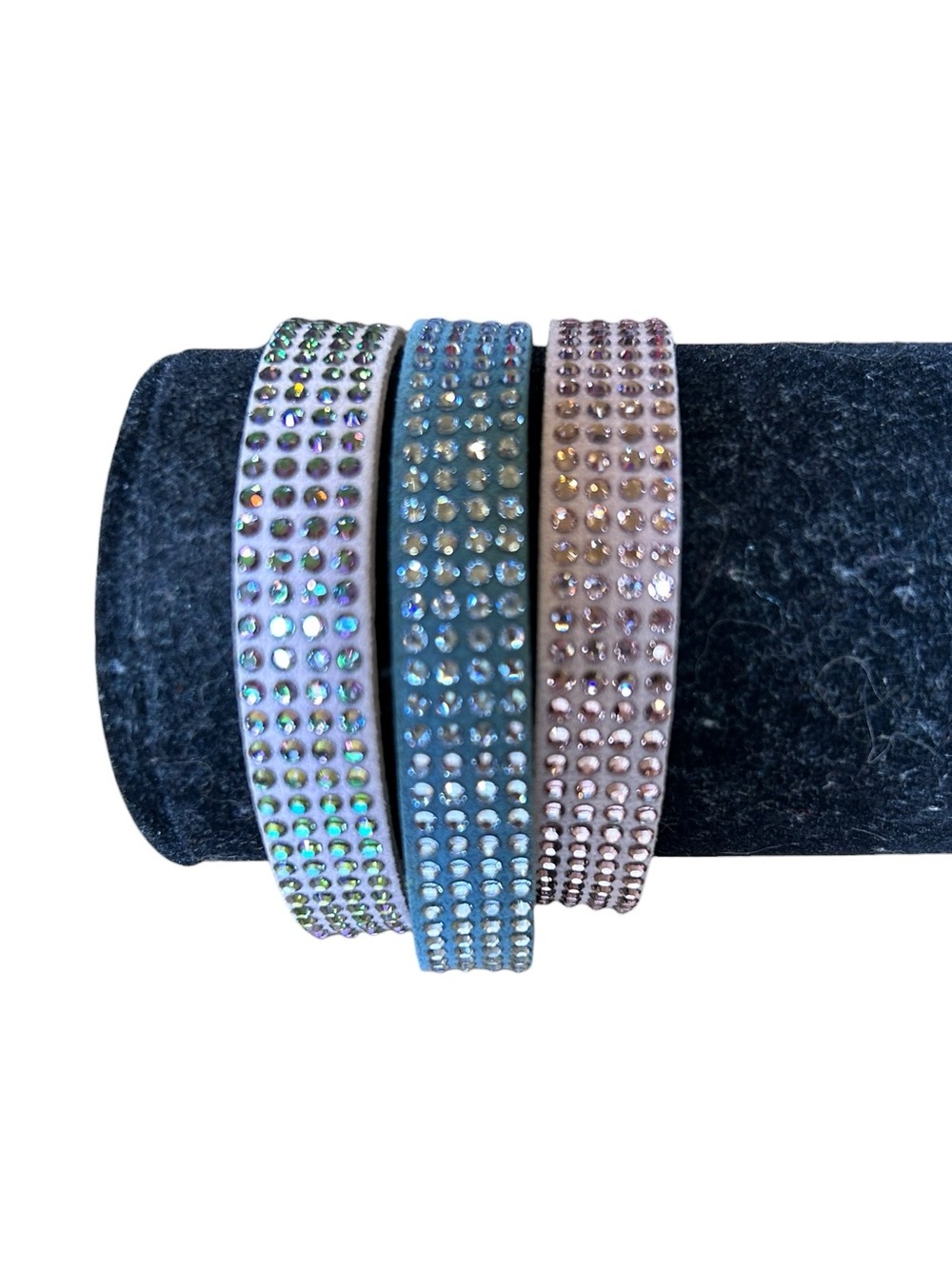 Touchstone Tri suede bracelets Swarovski crystal rhinestone purple blue wrap